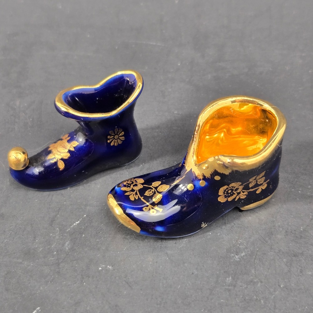 Limoges France Miniature Porcelain Shoes Cobalt Blue Gold Floral Set of 2